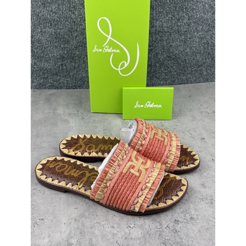 NIB Sam Edelman Georgia 5.5M Orange Raffia Flat Slide Sandals Resort Beach